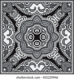 black and white authentic silk neck scarf or kerchief square pattern design in ukrainian style for print on fabric, vector illustration