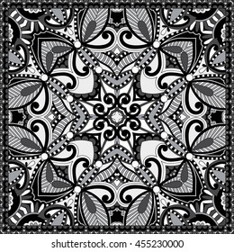 black and white authentic silk neck scarf or kerchief square pattern design in ukrainian style for print on fabric, vector illustration