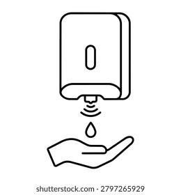 Black and white automatic sanitizer dispenser icon for sanitation, hand receiving liquid drop from wall dispenser for hygiene and cleaning design
