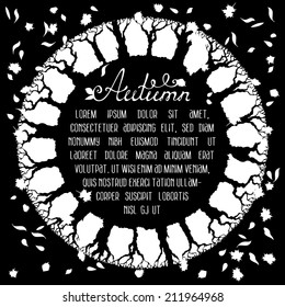 Black and white autumn background. Black tree silhouettes on white round background. There is place for your text in the center. 