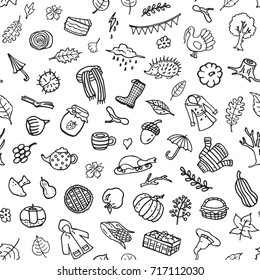 black and white autumn fall objects doodle seamless pattern