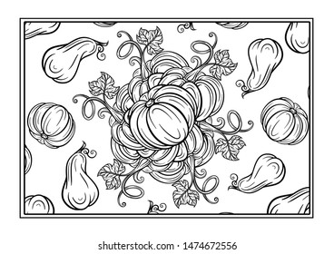 Black and white autumn ornament. Pumpkins and autumn leaves Thanksgiving Day coloring page