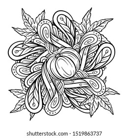 Black and white autumn ornament. Pumpkins, maple leaves and autumn floral motifs coloring page