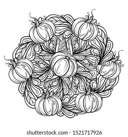 Black and white autumn ornament. Pumpkins and autumn floral motifs coloring page