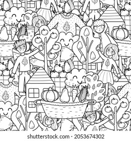 Black and white autumn seamless pattern. Fall coloring page. Outline background with harvesting kids, sweater, cloud. Vector illustration