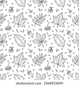 Black and white autumn seamless pattern with falling leaves in doodle style. Good for wrapping paper, textile prints, stationery, nursery decor, apparel, scrapbooking