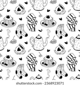 Black and white Autumn seamless pattern with cozy elements in doodle style. Vector illustration of warm clothes and delicious tea