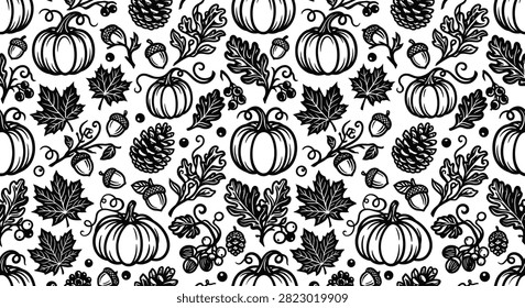Black and White Autumn Seamless Pattern Featuring Pumpkins, Oak and Maple Leaves, Acorns, Pinecones, and Woodland Berries in Clean Vector Style for Luxury Fall Backgrounds.