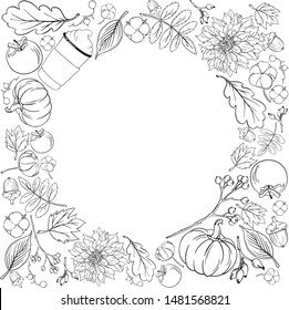 Black and white autumn set drawn in vector. Elements: autumn leaves, twigs, a cup of coffee, apple, pumpkin, cotton. Can be used for wedding invitations, booklets, posters. Wreath of elements