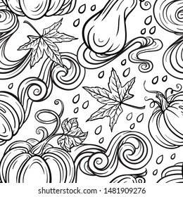 Black and white autumn vector seamless pattern. Pumpkins, raindrops and autumn leaves background.