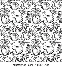 Black and white autumn vector seamless pattern. Pumpkins, raindrops and autumn leaves background.