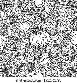 Black and white autumn vector seamless pattern. Pumpkins and autumn floral doodles background.