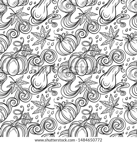 Black and white autumn vector seamless pattern. Pumpkins, raindrops and autumn leaves background.