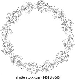 Black and white autumn wreath drawn in vector. Elements: autumn leaves, twigs and cotton. Can be used for wedding invitations, booklets, posters.