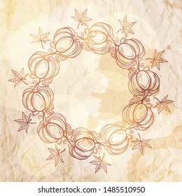 Black and white autumn wreath ornament on a grunge paper background. Pumpkins and autumn leaves garland.