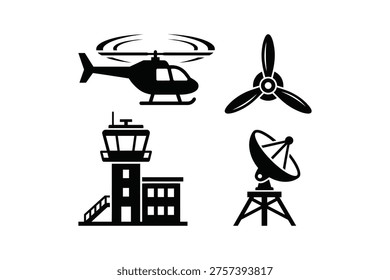 Black and White Aviation Icon Set with Helicopter Airport Control Tower and Radar Dish
