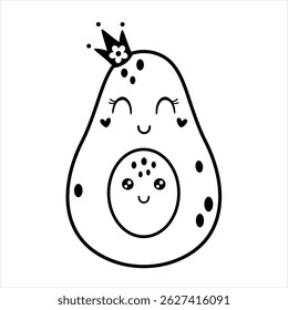 Black and white avocado doodle, cute cartoon tropical fruit. Fruit character, summer hand drawn vector illustration in flat style