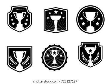 Black and white awards and cups, label, design logo, vector icons