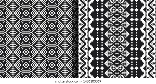Black and white Aztec geometric seamless patterns.  Native American Southwest prints. Ethnic design wallpaper, fabric, cover, textile, blanket.