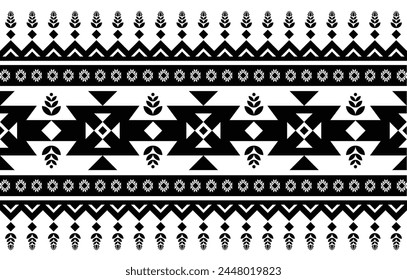 Black and White Aztec Horizontal Border Pattern Striking horizontal Aztec border pattern in black and white, showcasing traditional tribal motifs, background, flower, fabric, folk
