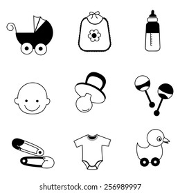Black and white baby accessories web icon collection isolated on white
