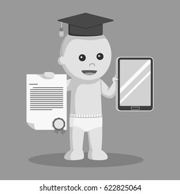 black and white baby boy with bachelor award and tablet black and white style
