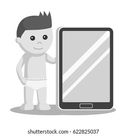 black and white baby boy with giant tablet black and white style