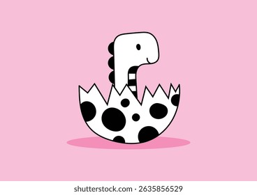 Black and white baby dinosaur in the cracked eggshell on a pink background. Doodle style.