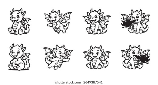 Black and white baby dragon collection for printing coloring storybooks and decor