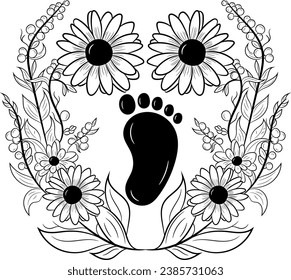 Black And White Baby Footprint With Flowers svg