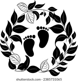 Black And White Baby Footprint With Leaves svg