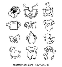 black and white baby icons collection with doodle style