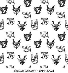 Black and white baby seamless patterns, monochrome illustrations. Scandinavian style. 