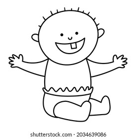 Black And White Baby Smiling With One Tooth. Vector Child Line Icon. Little Outline Kid In Diaper. First Teeth Concept Or Coloring Page. 
