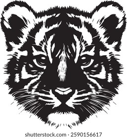 black and white baby tiger face silhouette on a white background