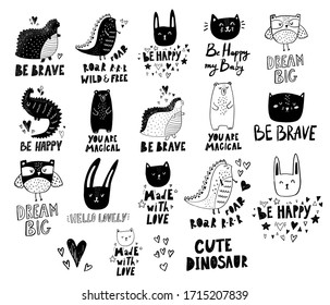 Black white baby vector collection of icons, symbols and logo with cute animals dinosaurs, cat, bear for baby design