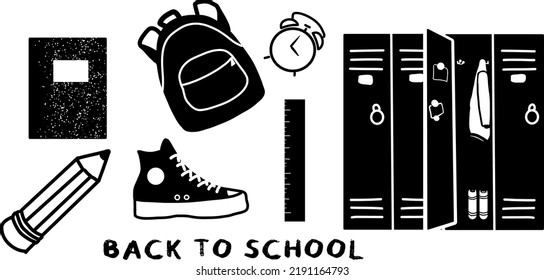 Schwarzweiß-Schuldoodle-Set mit Rucksack, Show, Schließfächern, Wecker, Bücher und Lineal-Vektorgrafiken