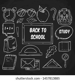Black and White Back to School Elements Collection With Hand Drawn Style on Blackboard Background