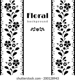 Black and white background, abstract floral vector frame with ornamental borders