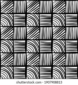 Black and white background, Abstract geometric shapes and doodles, Seamless vector pattern