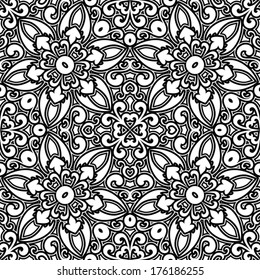 Black and white background, abstract seamless pattern, damask lace, vector crochet ornament