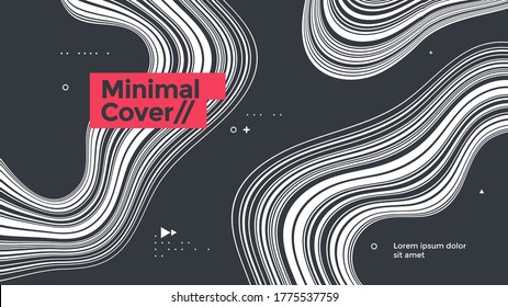 Black and white background with abstract wave. Striped wavy line compositions for cover, poster, landing page. Minimal fluid shapes illustration.