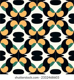 Black and white background adorned with orange and green circles in an art deco and art nouveau style, creating an abstract pattern.