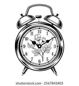 A black and white background alarm clock coloring page line art