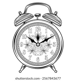 A black and white background alarm clock coloring page line art