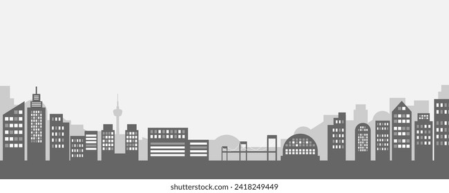 Black and white background banner, header design with urban skyscrapers, bridges and towers.