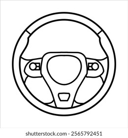 black and white background car steering wheel line icon vector graphic design. vehicle parts