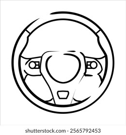 black and white background car steering wheel line icon vector graphic design. vehicle parts