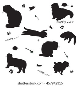 Black and white background with cats, mice, cat's brushes and balls of yarn