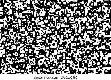 Black and white background of chaotic abstract spots and dots. Overlay template. Vector illustration